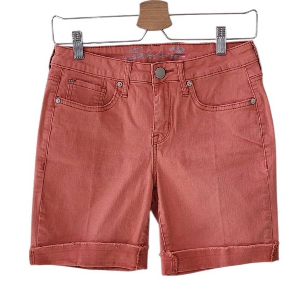 SEVEN7 4 Marsala Red (Orange) Raw Cuffed Released Hem Bermuda Shorts Women